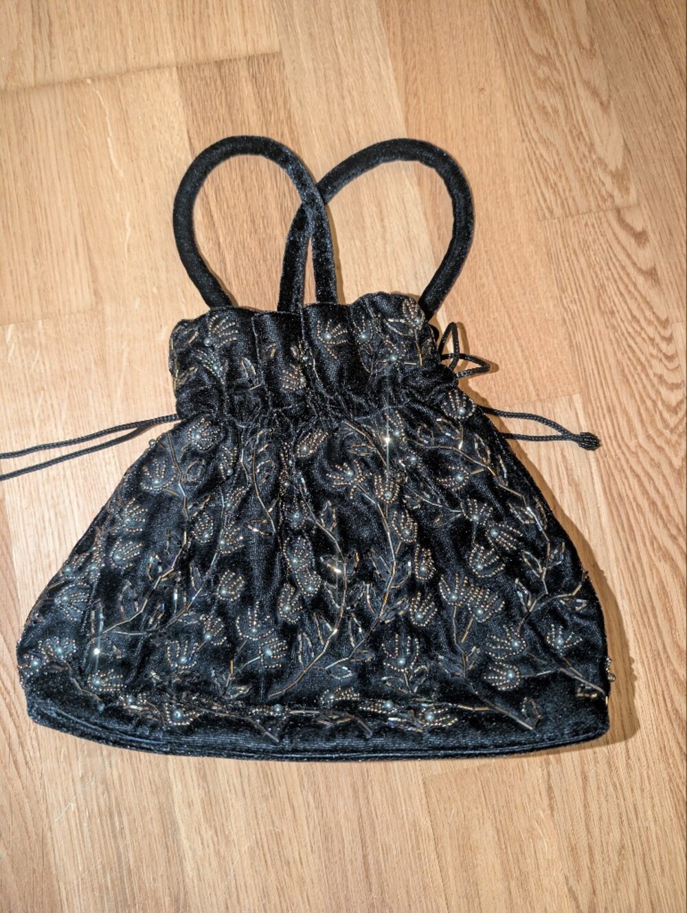 Black Beaded Velvet Drawstring Evening Bag